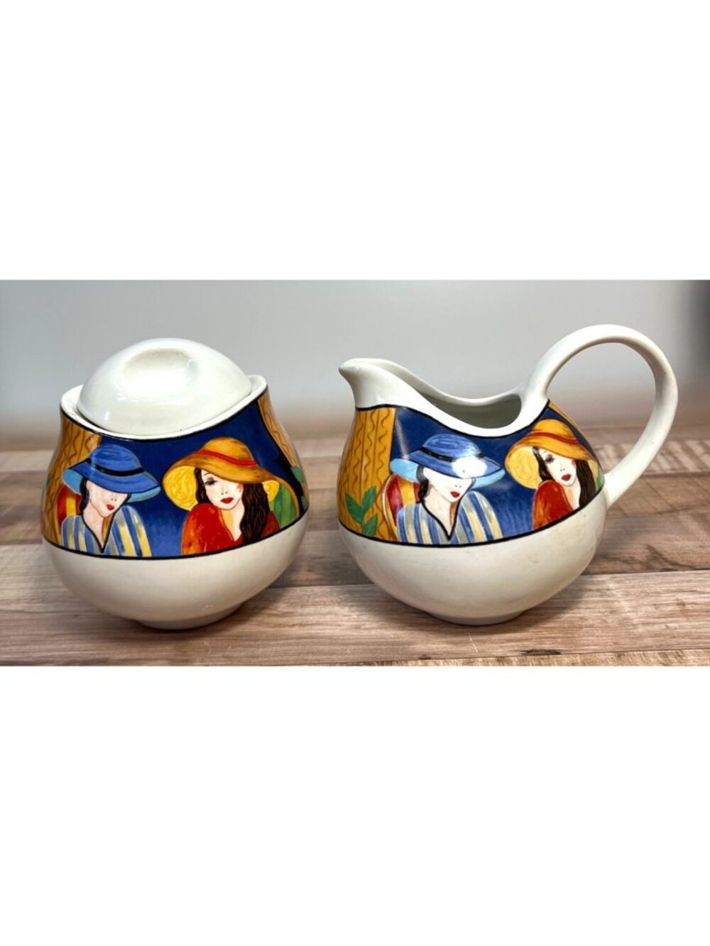 Hand-Painted Ceramic Creamer & Sugar Set With Colorful Lady Design - Unique & Fu